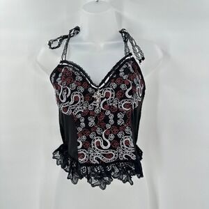 Whimsigoth Lace‎ Corset Cami Top Black Red White Floral Cross Pendant Y2K Gothic